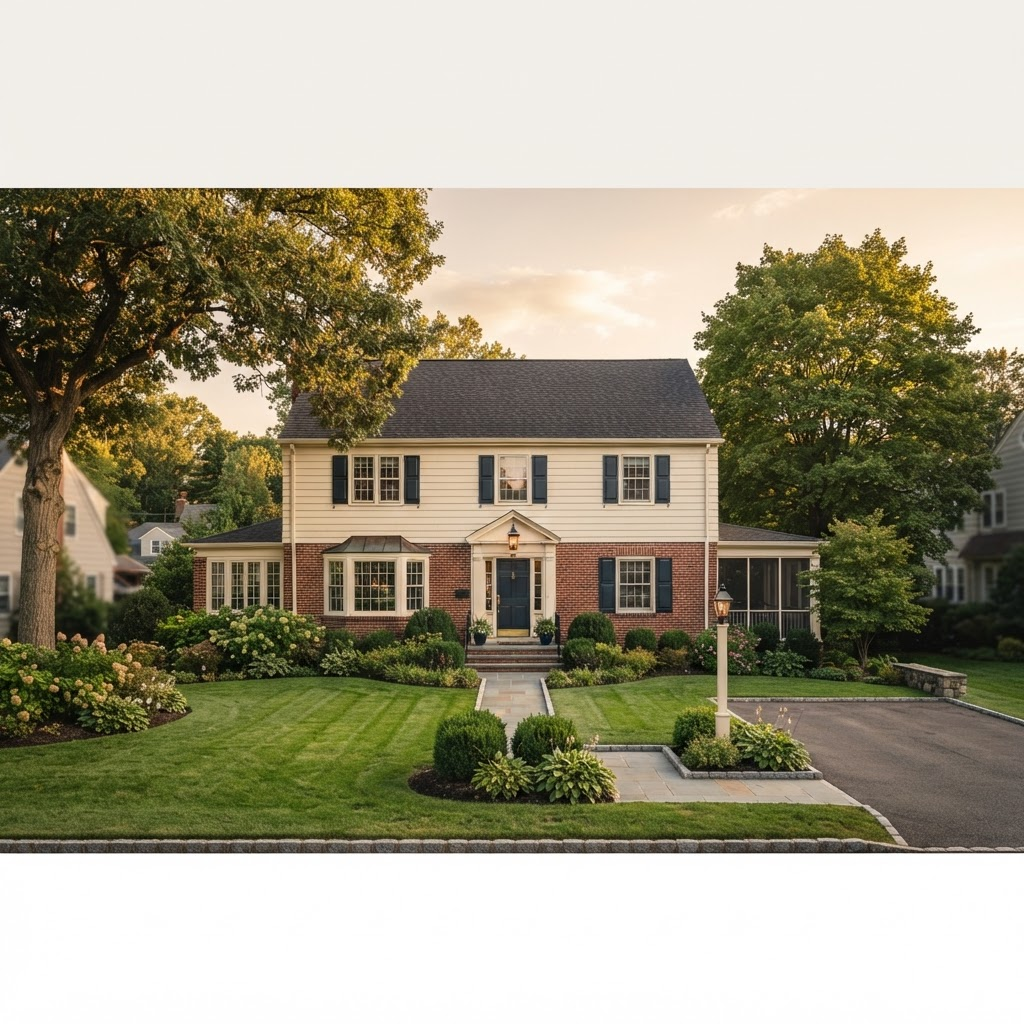 An upscale suburban New Jersey colonial home at golden hour