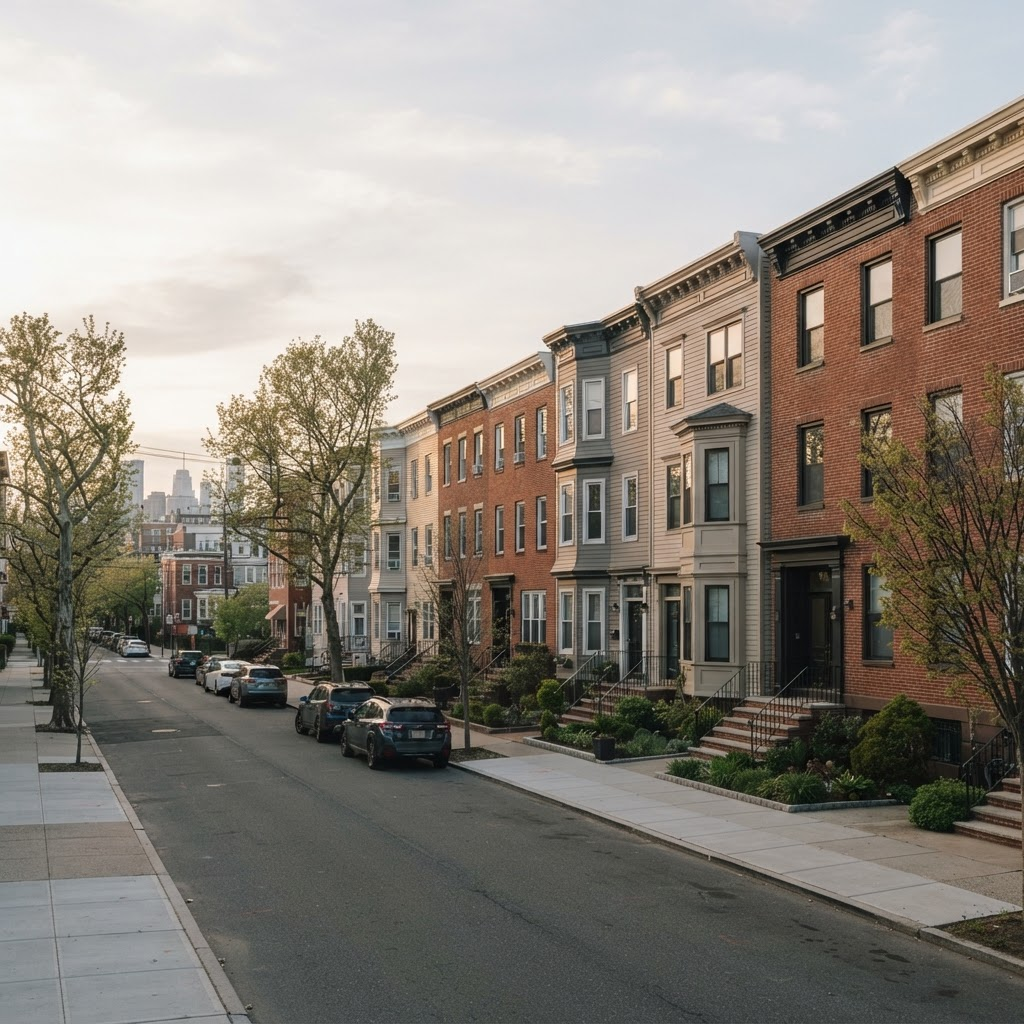 A row of well-kept New Jersey multi-family investment properties in morning light